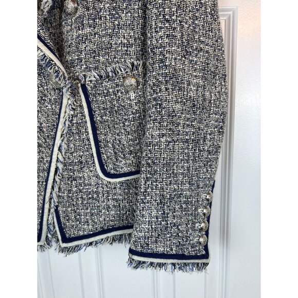 NWOT Veronica Beard Theron Tweed Navy White Frayed Trim Blazer Size 10 - Picture 3 of 14